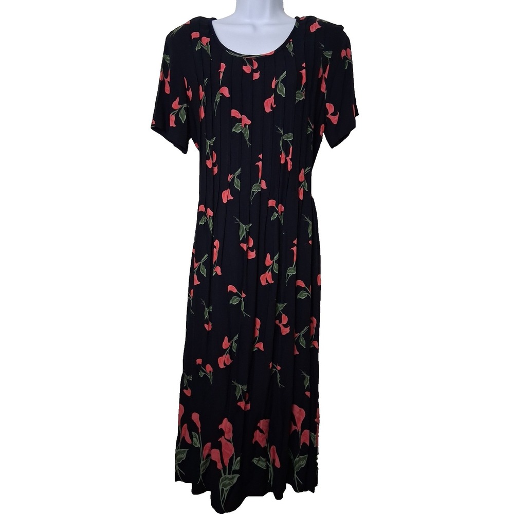 Vintage Molly‎ Malloy Size 14 Petite Maxi Floral Dress Navy Blue Shoulder Pads